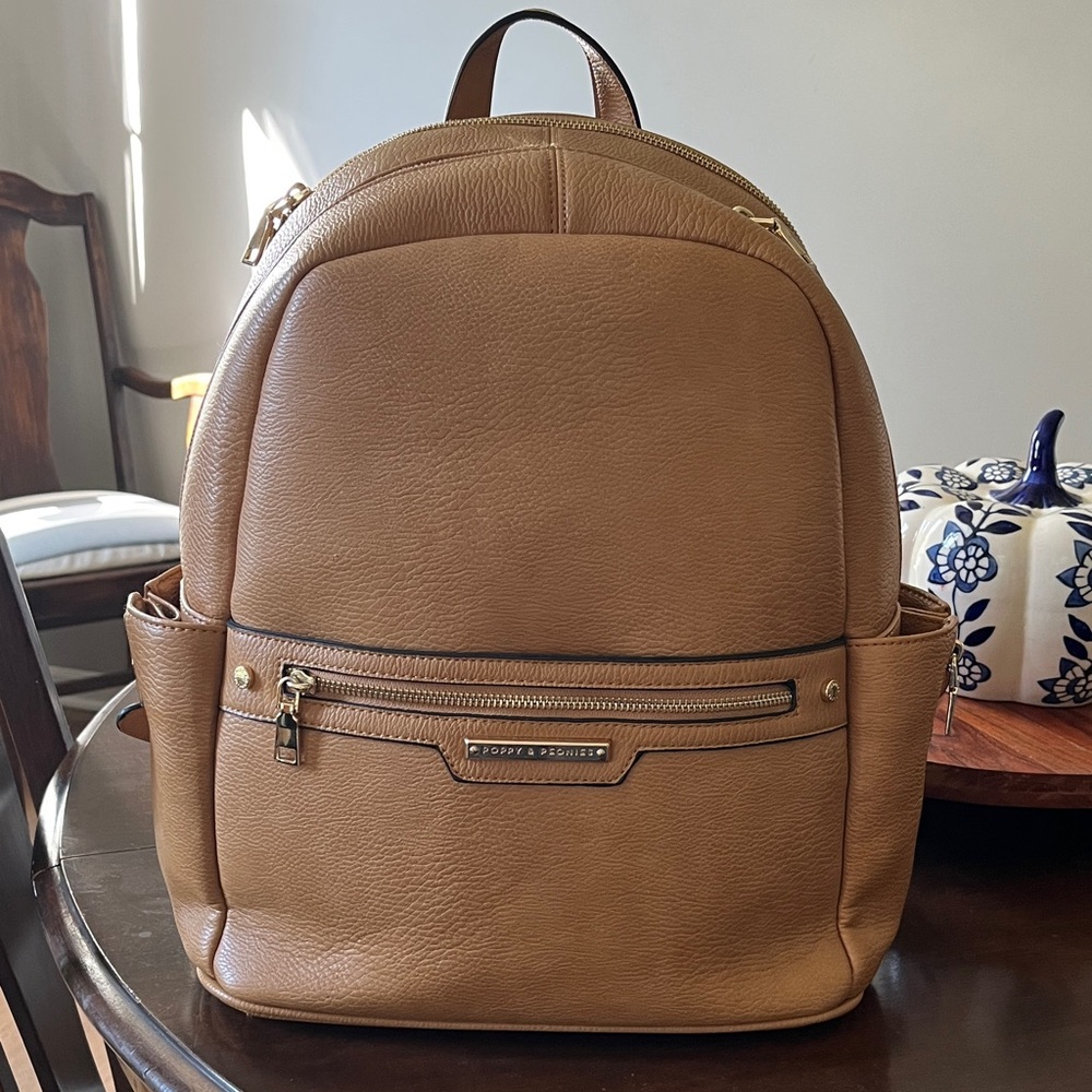Poppy & Peonies Brown Leather Backpack